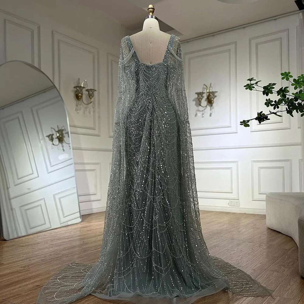 Turquoise Arabic Cape Sleeves Beaded Pearls Or Length Evening Gown Party Dress For Women Customize BLA