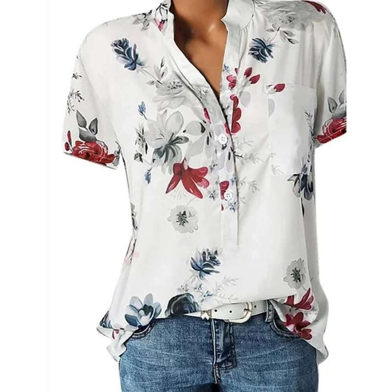 Elegant Women's Printing Large Size Casual Fashion V-Neck Short-Sleeved Shirt Blouse