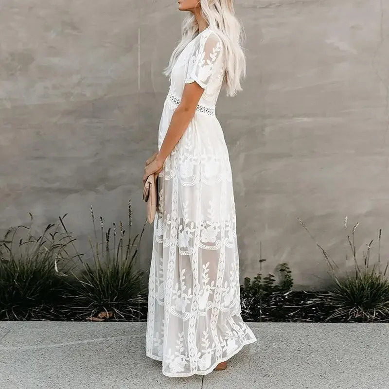 Happie Queens Summer Women Lace Embroidery Long Sleeve V-neck White Chiffon Beach Dress Lady mesh Patchwork Boho Dresses 250213