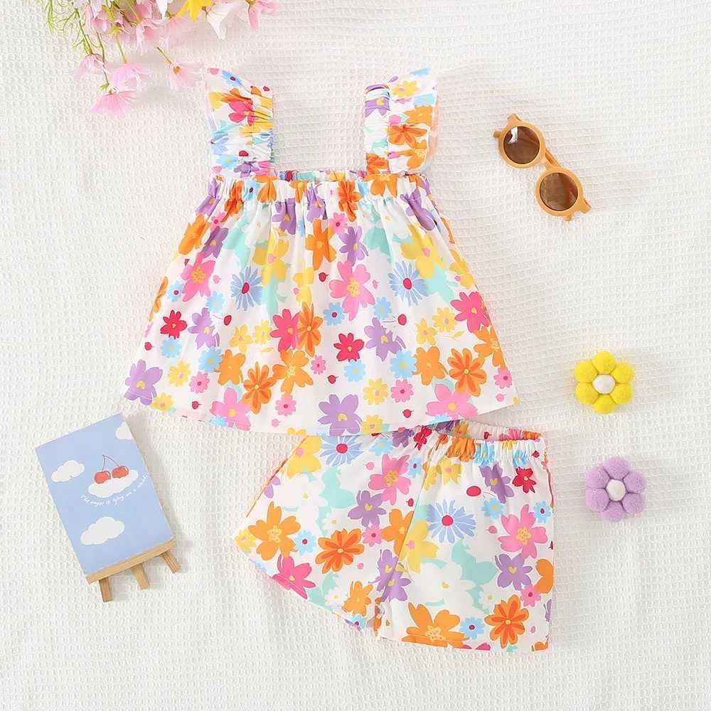 Summer new colorful floral baby girl set countryside sled baby two-piece set childrens sleeveless clothing W250218