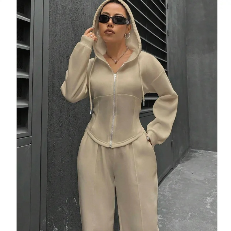 Womens Sports Autumn/Winter Two piece Set Trendy Solid Color Hooded Cardigan Slim Fit Casual Two piece Set for Women 250218