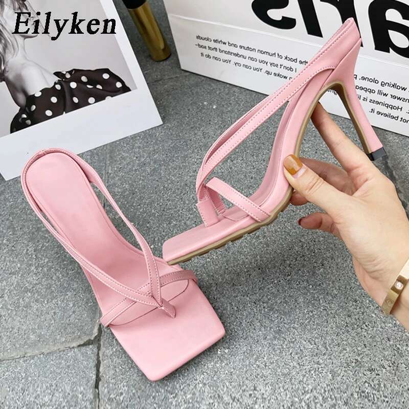 2025 New Slipper High Heels Shoes Fall Best Street Look Females Square Head Toe Clip-On Strappy Women Sandals Slides