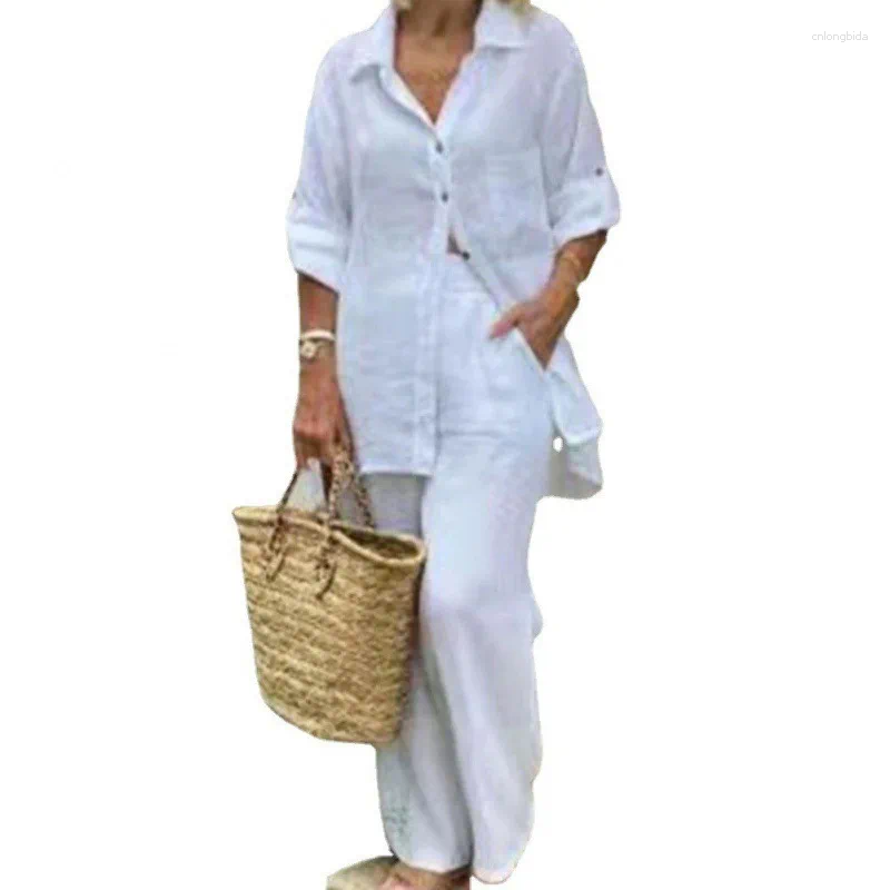 Womens Two Piece Pants 2025 Spring Autumn Lapel Suit Long Sleeve Shirt Loose Set Female Trendy Casual Fashion Ladies 2 Sets