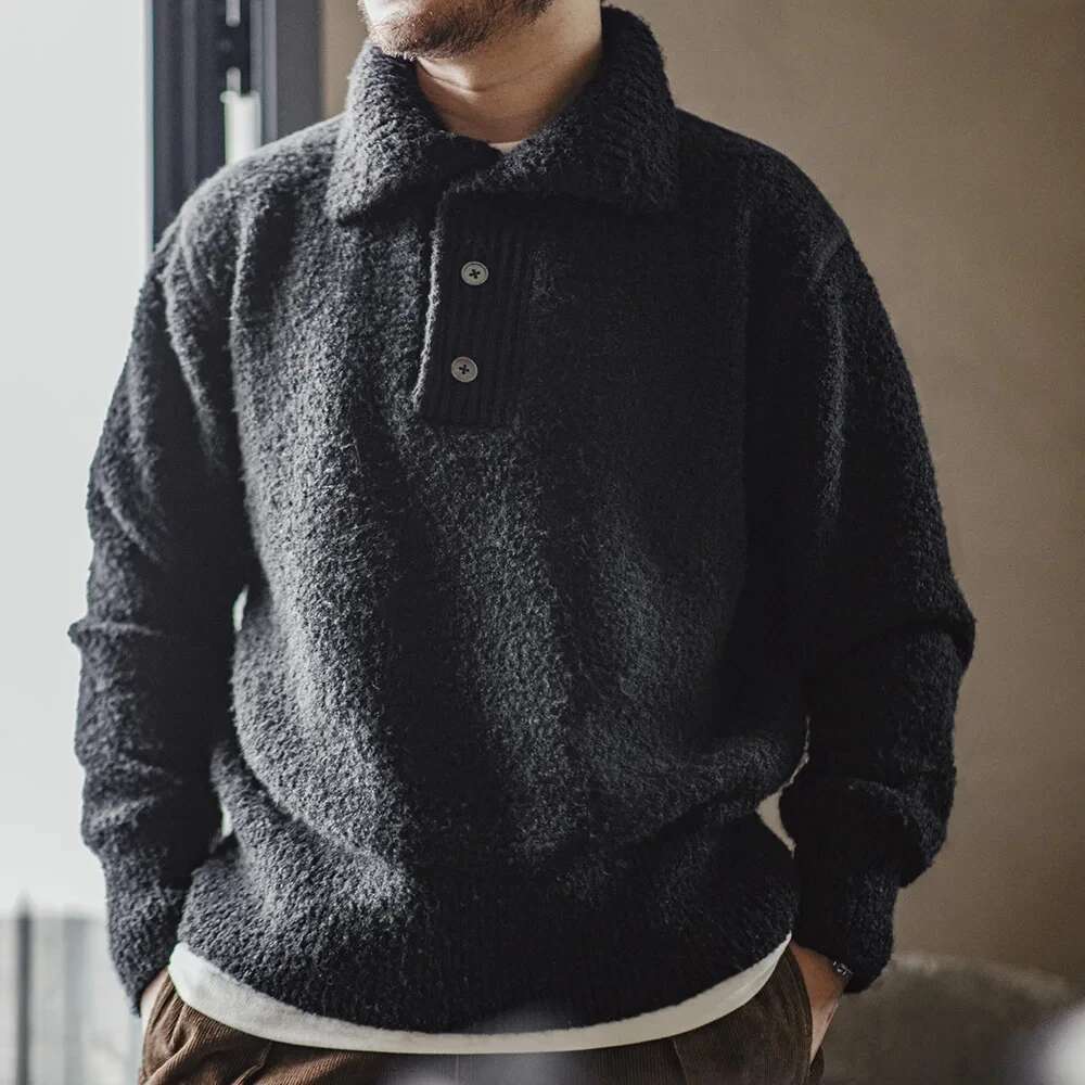 Men Heavyweight Knit Sweater 2024 Autumn Winter Long Sleeve Turn-Down Collar Loop Yarn Polo Shirt Warm Pullover Knitwear