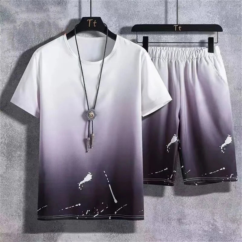 Summer Sportswear Men Gradient Printed Badminton Set Outdoor Running T-shirt and Shorts Comfortable and Breathable Clothing 250218