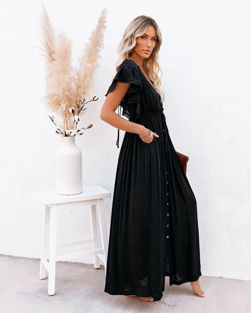 2024 Summer Long Bikini Cover Ups for Women Solid VNeck Kimono Beach Dresses Lace Up AntiSun Swim Dress Bohemian Sarong Skirt 250212
