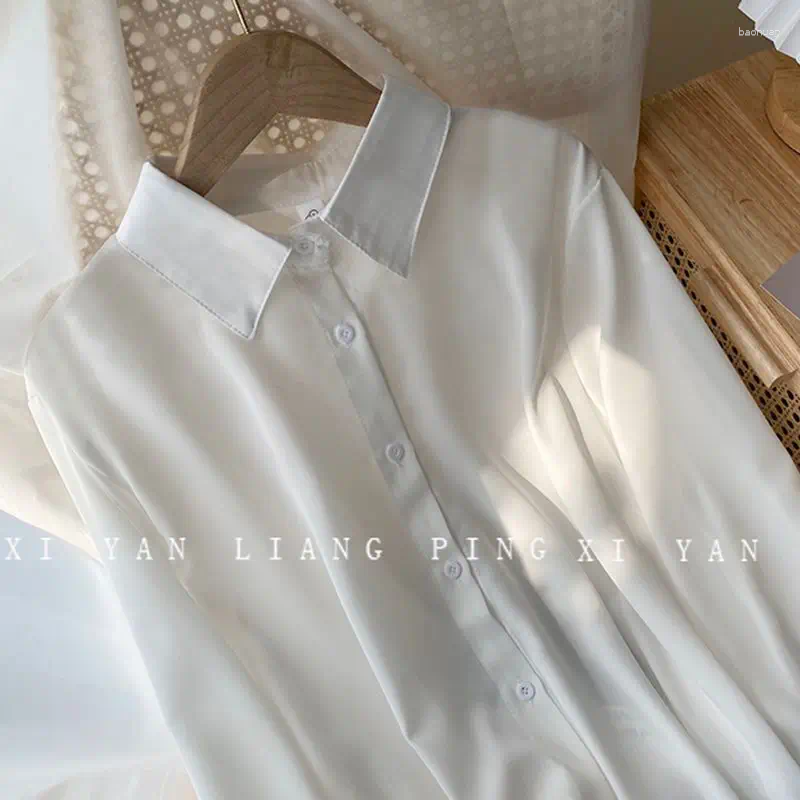 Women's Blouses Korean Fashion Shirt Solid Color Chiffon Blouse White LongSleeve Tops Spring 2025 Niche Loose Women Plus Sizes