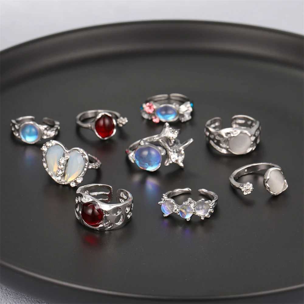 9PCS Set Aesthetic Silver Plated Y2K Irregular Moonstone Gemstone Rings for Women Teens Kpop Dainty Heart Open Ring Gift JewelryXJ250219