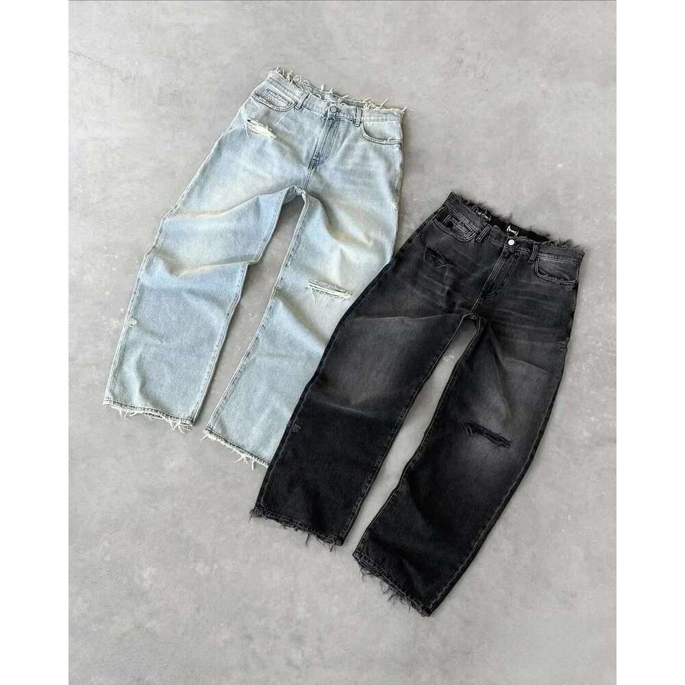 Retro Street Y2K New Washed Ripped Jeans Embroidered High Quality Men American Couple Versatile Casual Pants Trendy