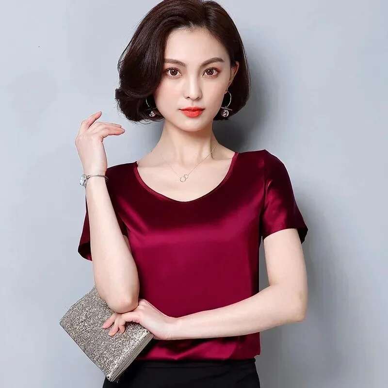 Womens Tops And Blouses 2024 Casual Silk O-Neck Office Lady Clothes Summer Satin Short Sleeve Solid Color Shirt Blusas 2126 50