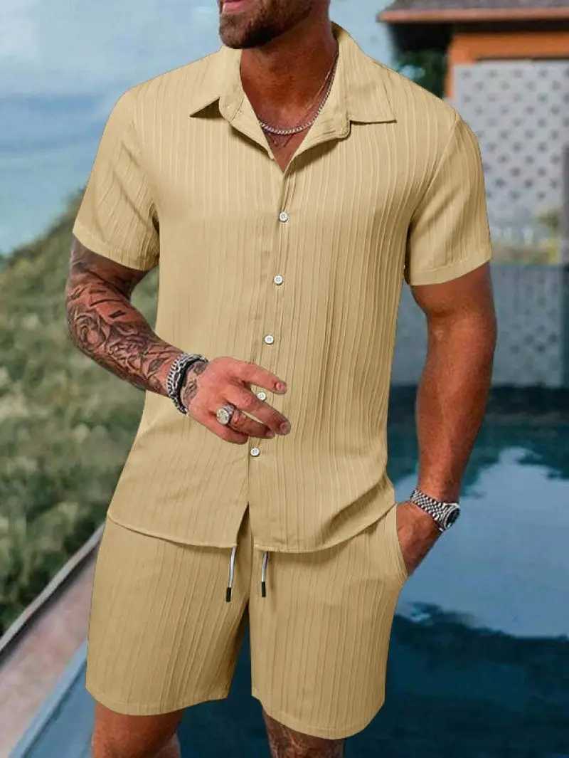 Mens beach suit striped solid color short sleeve shorts shirt Sports casual breathable lightweight high quality mens wear insXJ250218