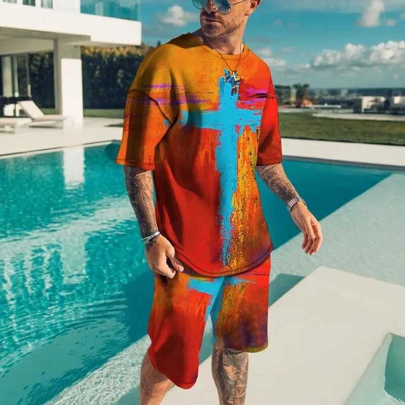 Men Summer Fashion 3D Print T-shirts Creative Casual Colorful Short Sleeved Pullover Clothes Two-piece Beach Shorts High-qualityXJ250218