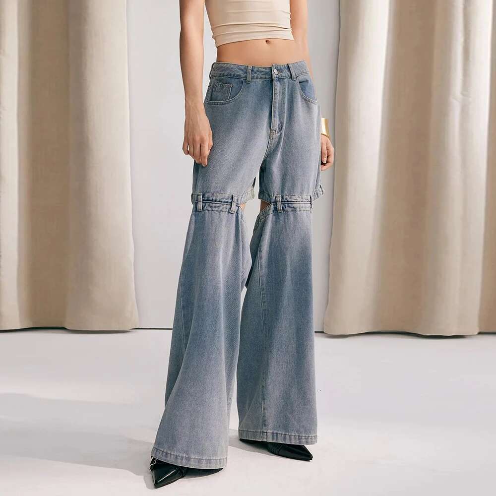 Solid Hollow Out Spliced Pockets Jeans For Women High Waist Patchwork Button Minimalist Loose Wide Leg Pants Female Style