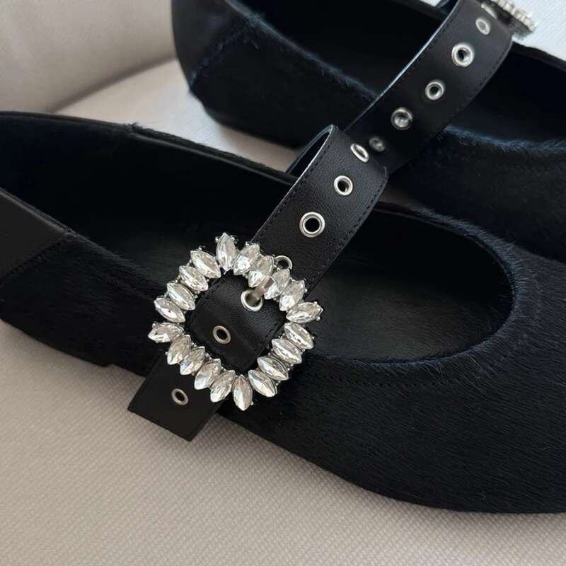 Real haircalf women ballet flats crystal buckle strap pumps