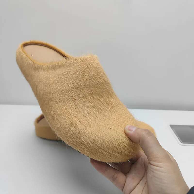 Real haircalf mules horse hair round toe slip on women slippers