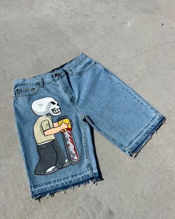 Men's Shorts Anime Shorts Y2K Jeans Men Women Hip Hop Gothic Computer Character Anime Graphics Print Retro Blue Baggy Denim Gym Casual Shorts z25