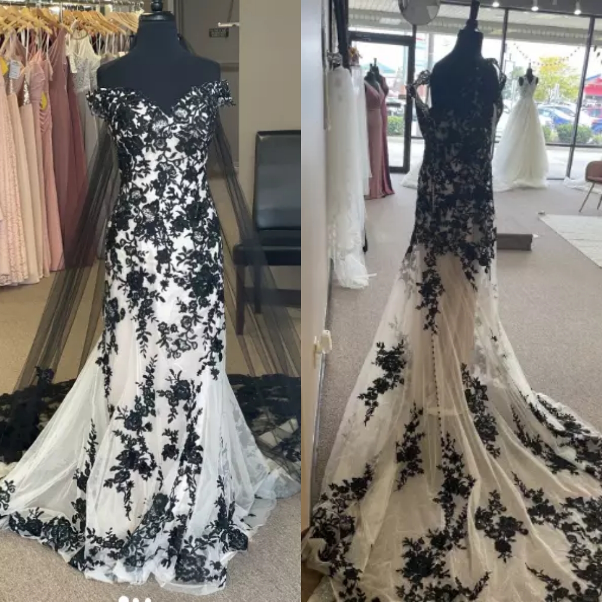 Black And White Mermaid Wedding Dresses With Long Veil Lace Appliques Gothic Bridal Gown Off Shoulder Vintage Bride Dress Vestido De Novia