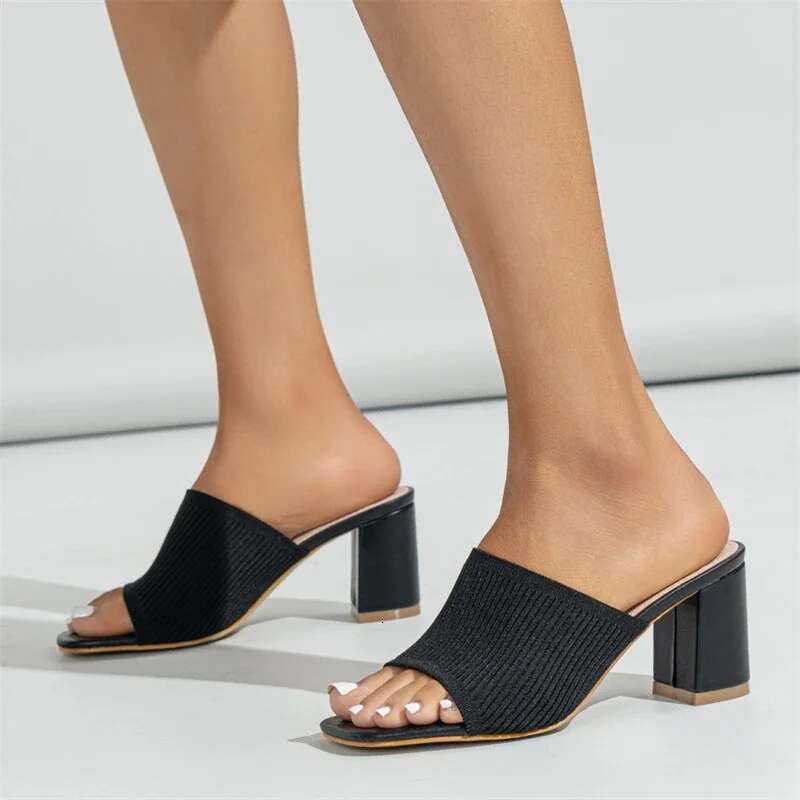 Design Cozy Elastic Fabric Women Slippers High Quality Summer Shoes Concise Square Chunky Heels atos De Mujer