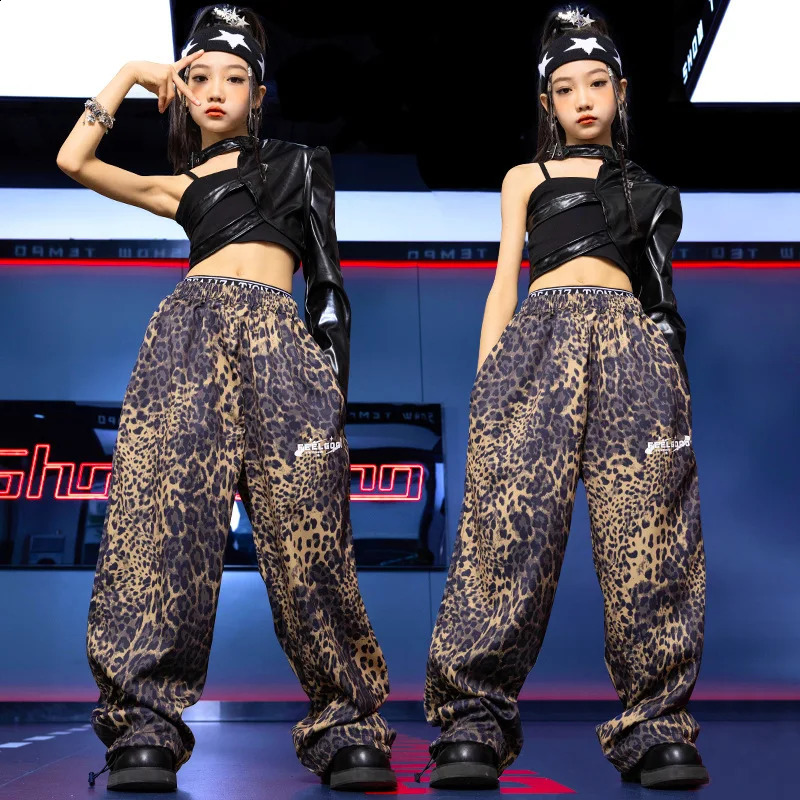 Chidren Summer Girls costume hip hop costume cotton black short sleeve crop shirt A-line pants 2 piece jazz costume set 250218