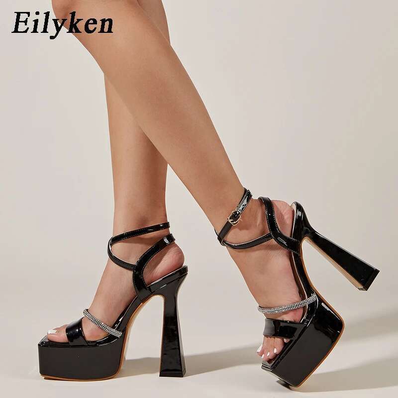 Platform High Heels Chunky Women Fashion Sandals Sexy Square Toe Ankle Buckle Strap Crystal Club Shoes