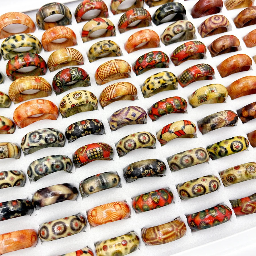50/100Pcs Vintage African Totem Wood Neutral Ring Ethnic Style Mixed Payment Multi Piece Set Finger Accessories Jewelry Gifts 250218