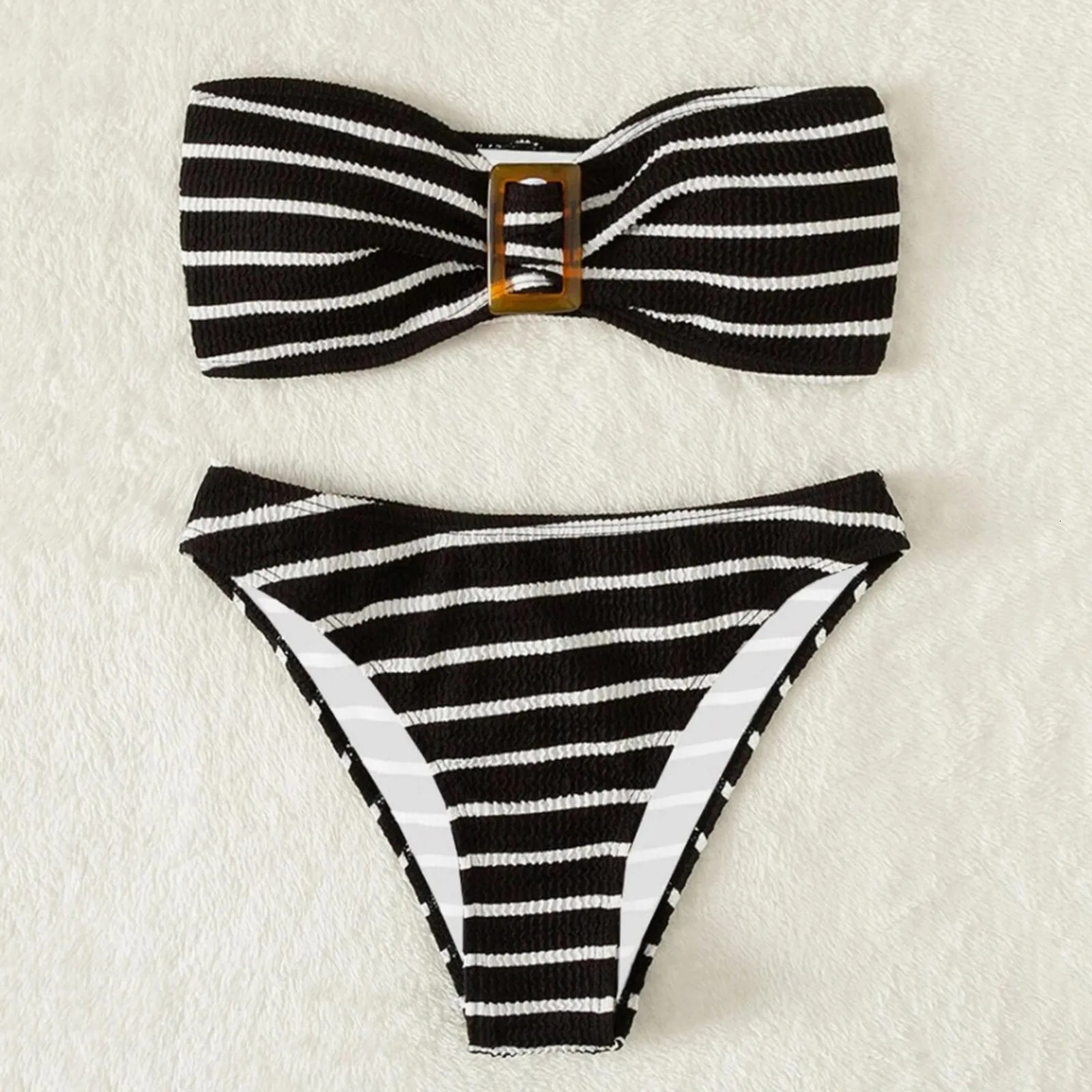 Womens ribbon bikini color lock cut swimsuit sports twopiece set womens summer beach 250219