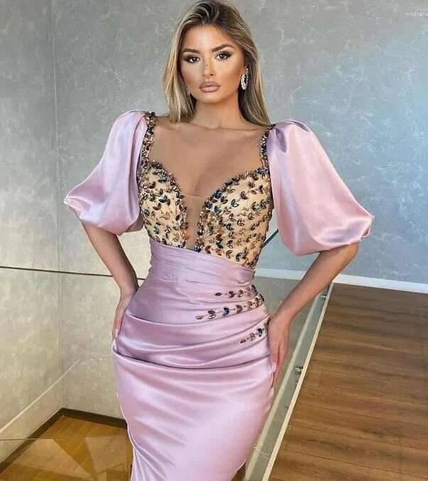 Party Dresses Half Sleeves Rhies Mermaid Evening Pleats Prom Dress Saudi Arabia Formal 0220