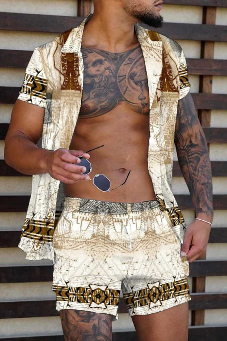 Fashionable Hawaiian printed mens 2-piece set luxurious 3D printed holiday set short sleeved casual beach shirt 2-piece mensXJ250218