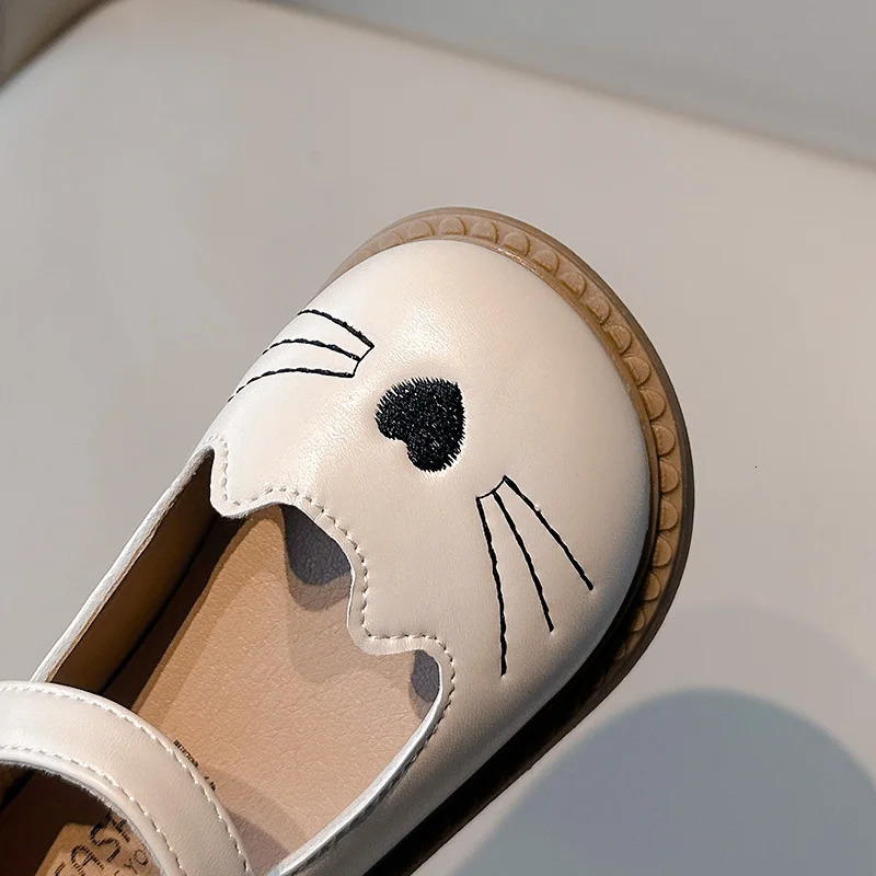 Toddler Girls Leather Shoes Cat Cartoon Lovely Black Beige Kids Flat Shoe Pu Leather Chic Hook-loop Soft Children Mary Janes 250219