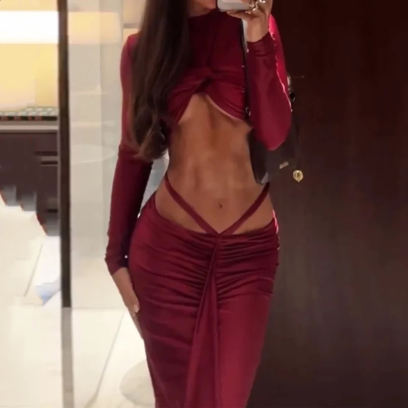 Wefads Two Piece Set Women Sexy Solid Long Sleeve Round Neck High Waist Pullover Top A Line Slim Pleated Hollow Out Skirt Sets 250218