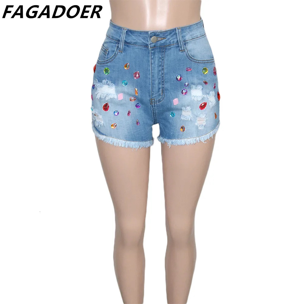 FAGADOER Fashion Colored Diamonds Tassels Denim Shorts Women High Waisted Pocket Slim Jean Casual Female Matching Bottoms 250217