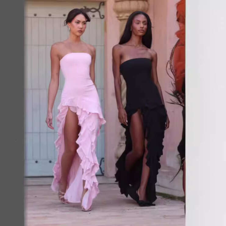 European and American style summer hot item strapless, black fungus edge solid color side slit dress wholesale 2025 temperament versatile new trend cl