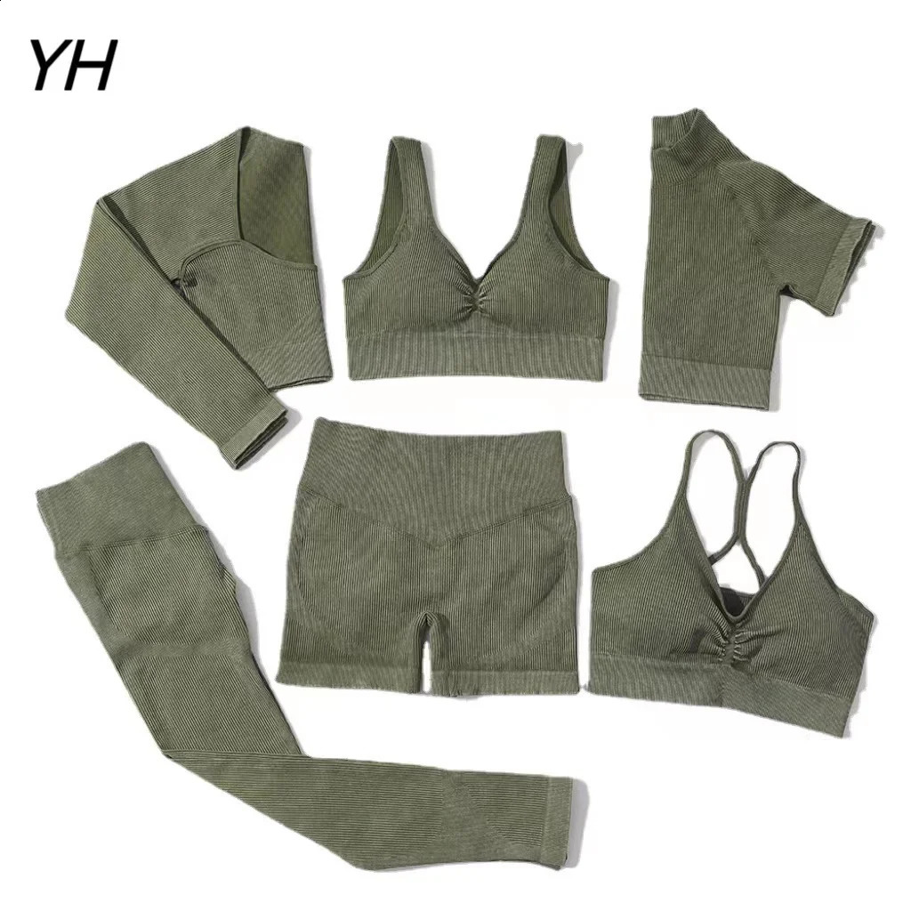 Ribbed Washed Seamless Yoga Set Crop Top Women Shirt Leggings Two Piece Outfit Gym Wear Workout Fitness Suit Sport Sets Clothes 250219