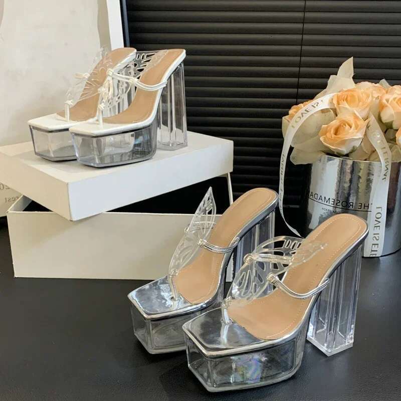 Sexy Hollow Transparent Woman Slippers Flip ps Shoes Fashion Crystal High Heels Banquet Party atos De Mujer