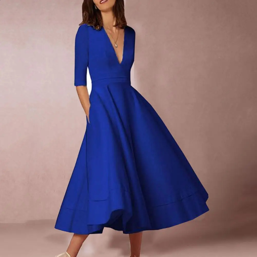 Women Midi Dress Fashion Vacation Party Dresses Half Sleeves Deep V Neck A-line Flowy Hem Dress Pure Color Banquet Evening Dress 250218