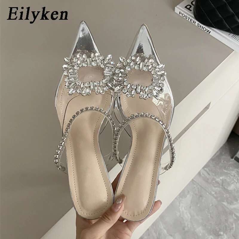 PVC Transparent Square Buckle Pumps Perspex Heel High Heels Pointed Toe Crystal Sgbacks Women Shoes