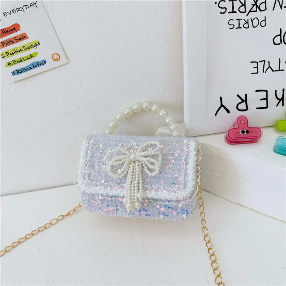 Korean Style Pearl Kids Handbag Lace Bow Princess Shoulder Messenger Bag Sequin Zero Wallet Pocket Pack 250219