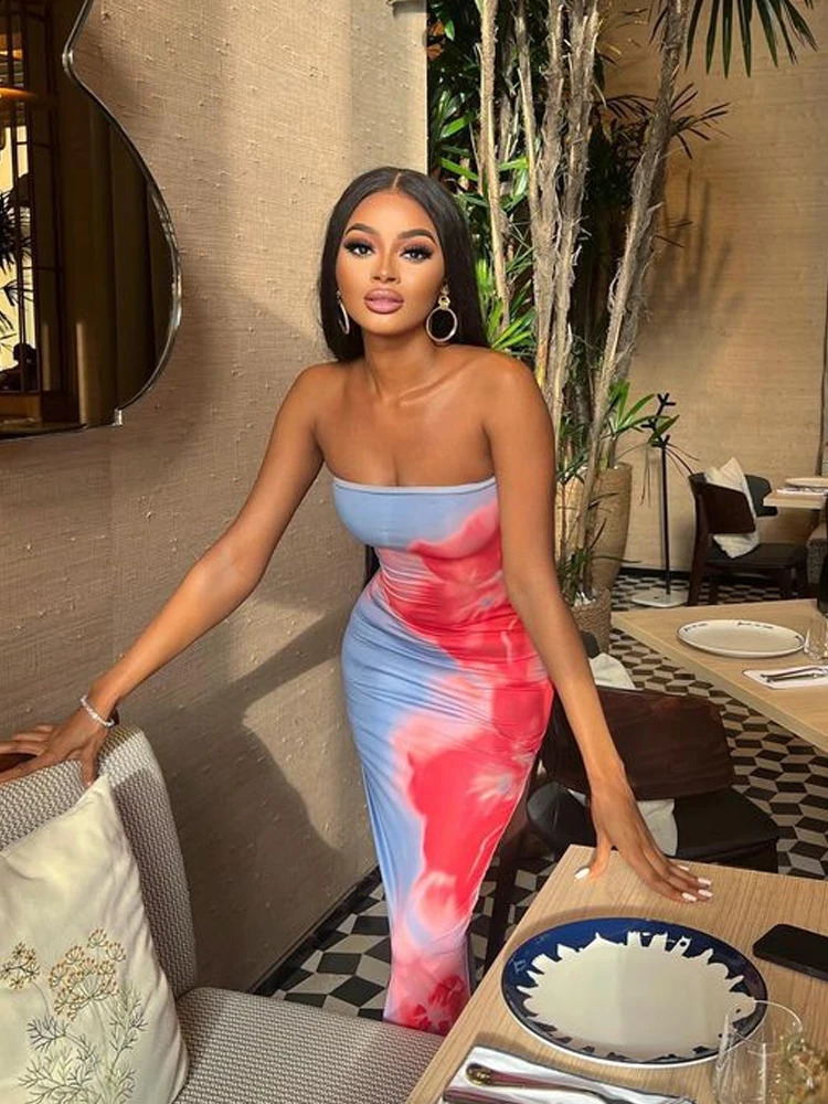 Chic Floral Print Strapless Long Dress Women Elegant Sleeveless Back Split Midi Dresses Lady Holiday Party Beach Backless Robe 250218