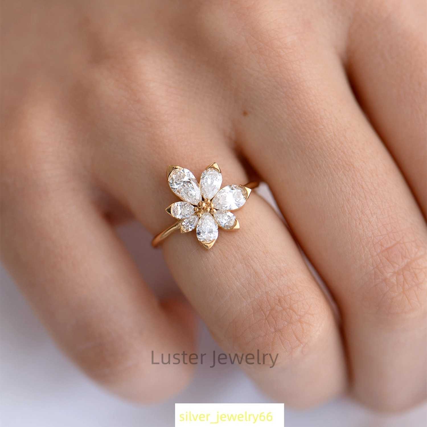 Luster Daisy Fine Jewelry Engagement Asymmetric Blossom 10K 14K 18K Pear Shape Moissanite Flower Gold Ring for Women