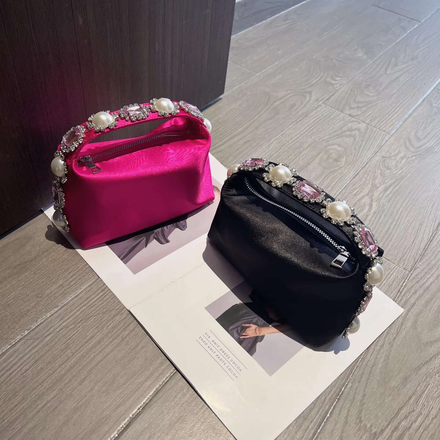 Designer Pearl Beaded Satin Hobo Women Handbag Rhie Dia Evening Wedding Party Clutch Purse Shoulder Bag