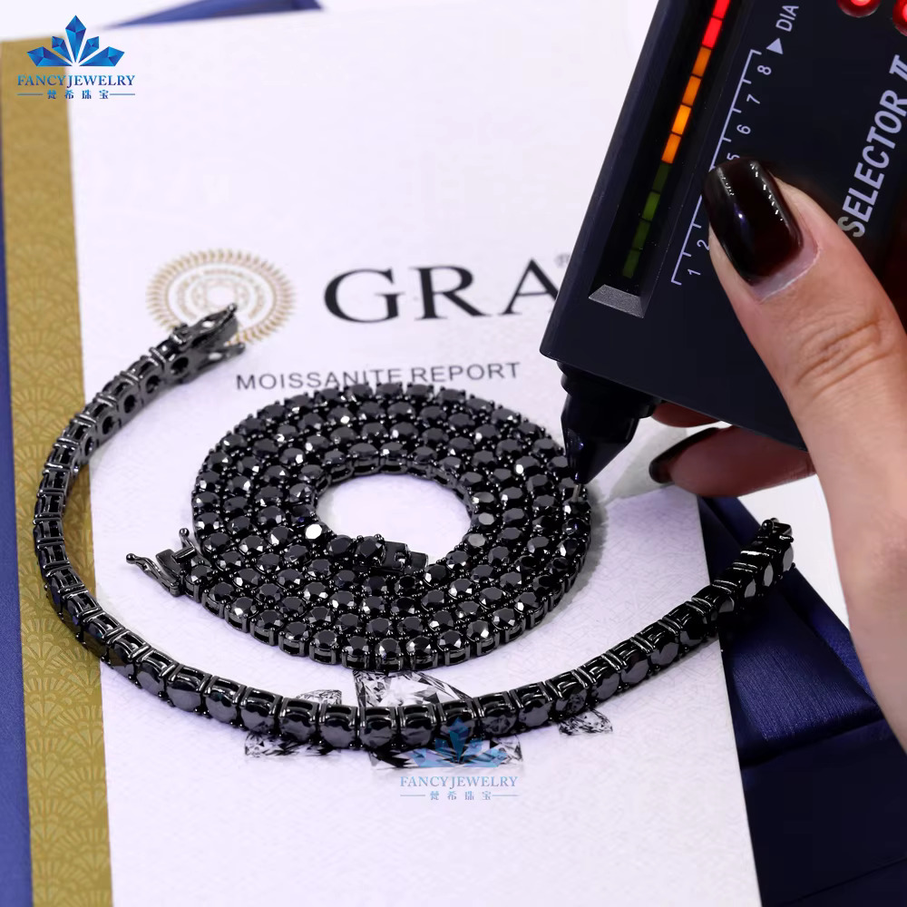 Rhodium Plated 3mm 4mm 5mm Sterg Sier Chain Iced Out Black Moissanite Dia Tennis Necklace