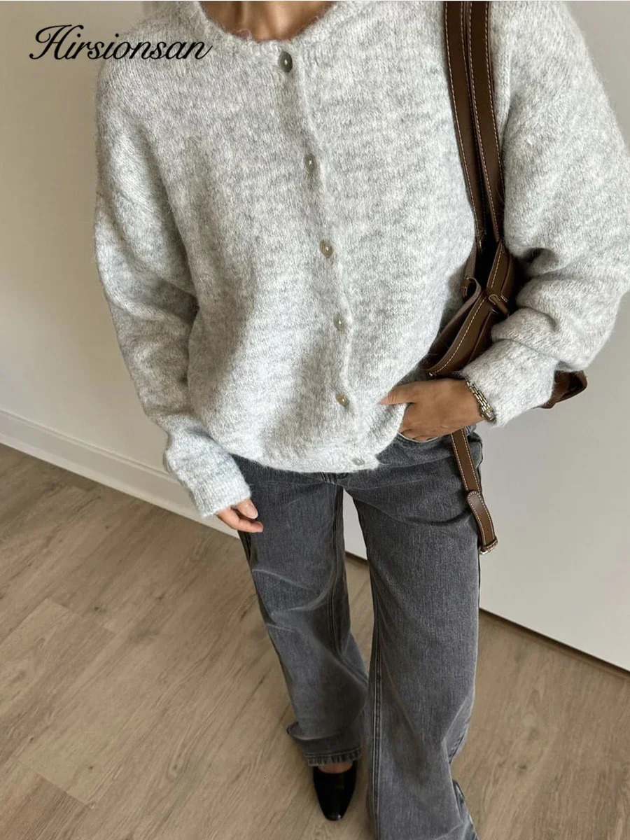 Hirsionsan Elegant Long Sleeve Sweater Women Single-Breasted Female Casual Cardigan Soft Cashmere Knitted Outwear 250214