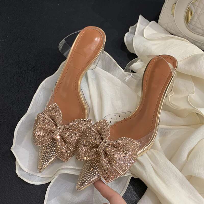 Crystal Bowknot PVC Transparent Women Pumps Champagne Sier Pointed Toe Low Heels Sandals Prom Party Shoes