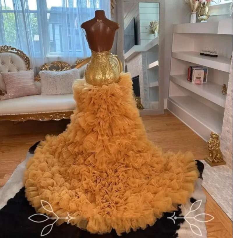 Rhie Gold Long Prom Dresses Mermaid 2025 Black Girls Beaded Rufflues African Evening Party Gala Graduation Gown Customized