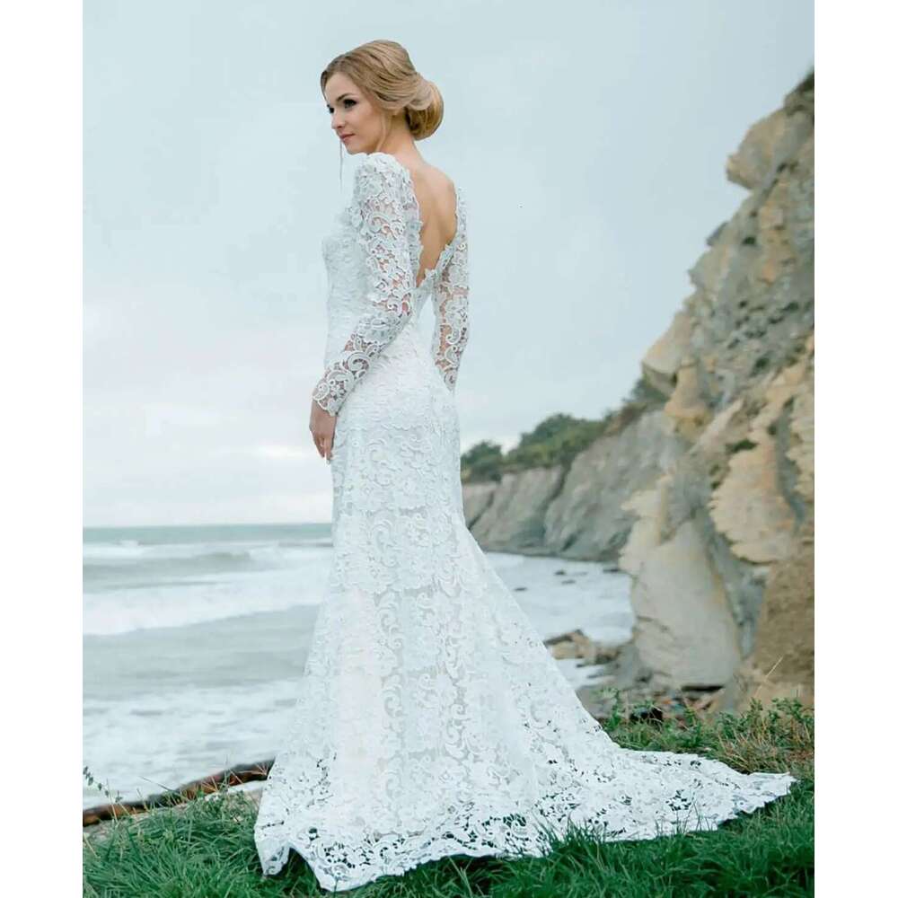 Vintage A E Wedding Dresses Long Sleeve High Neck Backless Appliques Lace Sweep Train Vestido De Noiva Customized 6660311