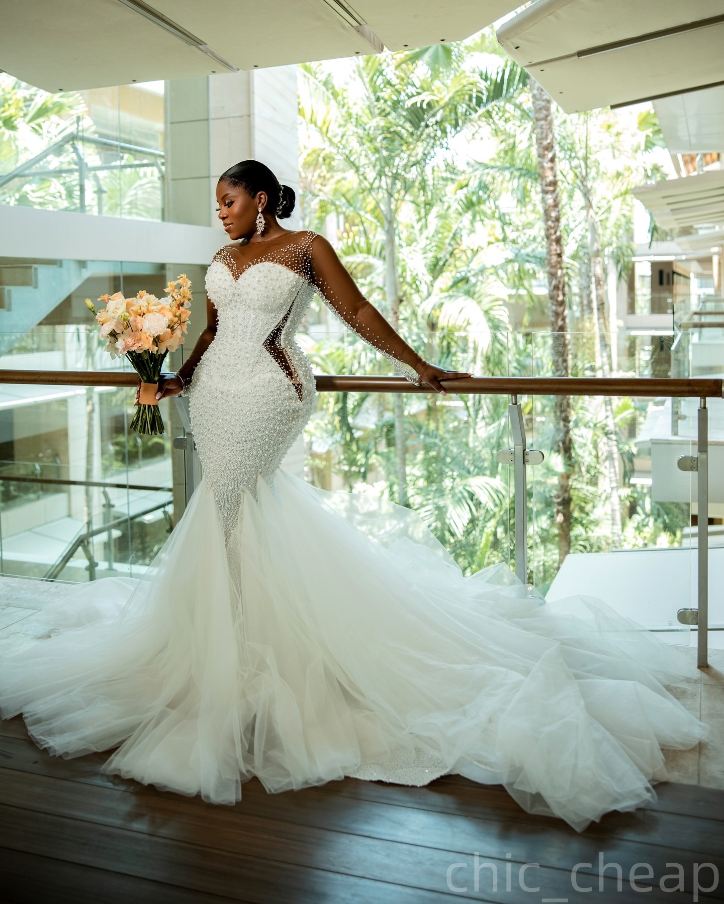 2025 Arabic Aso Ebi Plus Size Ivory Wedding Dress Pearls Beaded Full Sleeves Sheer Neck Tulle Bridal Gowns Dresses ZJ566