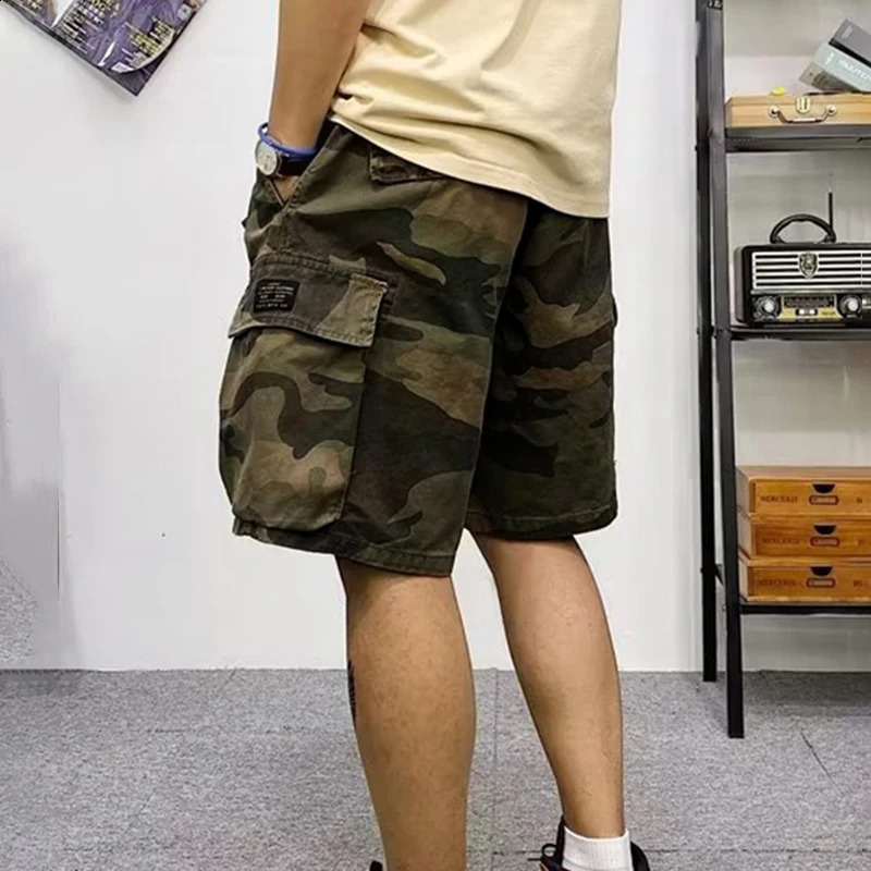 Trendy Camouflage Cargo Shorts Mens Summer American Belt MultiFlap Pocket Pants MidPants Loose Casual Trousers 250218