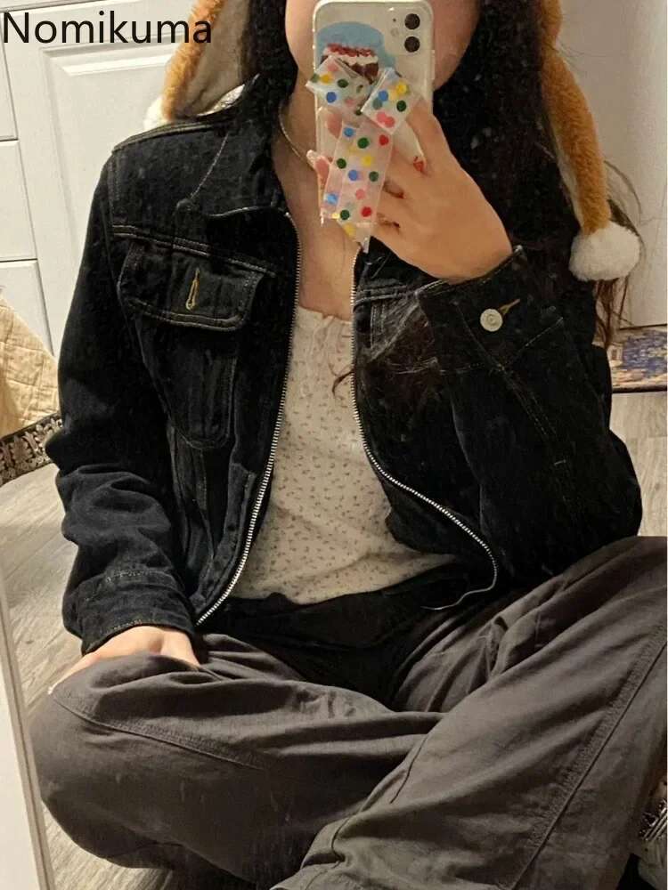 2024 Women Clothing Korean Jean Jackets Vintage Turndown Collar Streetwear Tunic Coats Crop Tops Casual Chic Zipper Y2k Jacket
