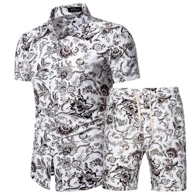 Hawaii 2 Pcs Men Luxury chain Beach Outfits 3D Print Short Sleeve Lapel Button Down Shirt + Drawstring Shorts Male Clothes SetsXJ250218