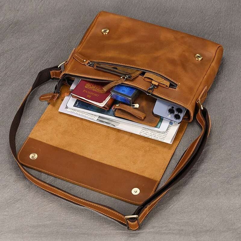Luufan Men's Genuine Shoulder Fit A4 Documens Crazy Horse Leather Crossbody Magnetic Flap Messenger Bag For Men